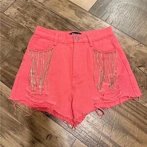 Chic Pink Jean Shorts with Fringe Accents